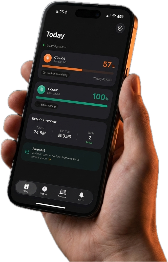 A hand holding an iPhone running Tokens: Claude and Codex usage gauges with reset countdowns