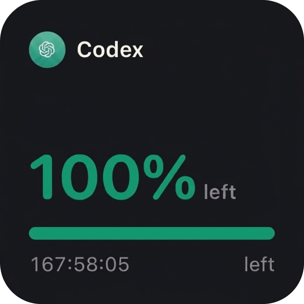 Tokens small widget: Codex 100% left, 167:58:05 remaining